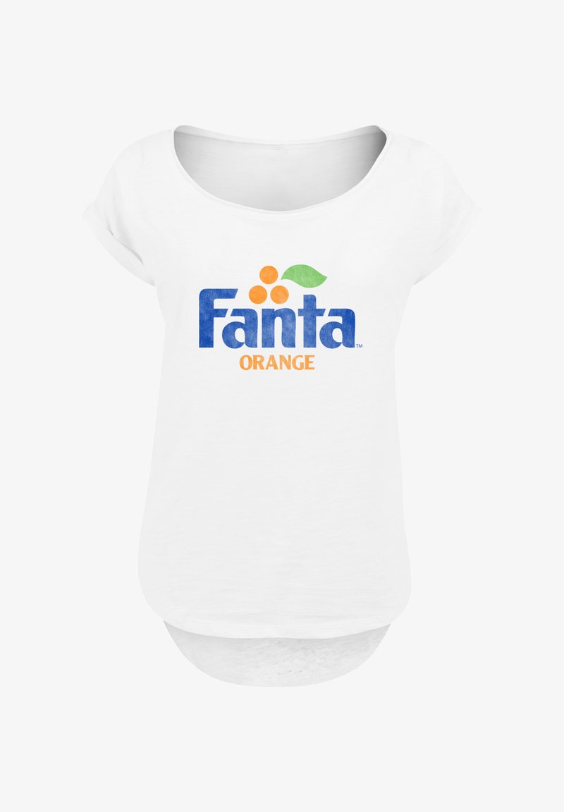 White T-shirt with a rounded neckline, featuring a blue "Fanta" logo, orange circles, and green leaf design. Soft fabric, relaxed fit.