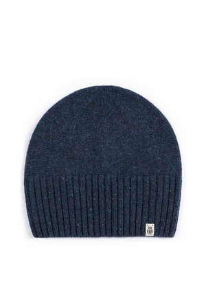 Dark blue knitted beanie hat with ribbed cuff and subtle small colored specks, lying flat on a white background.