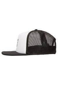 Căciulă snapback alb-negru cu vizieră plată, partea din față din material alb solid și spate din plasă neagră pentru ventilație.