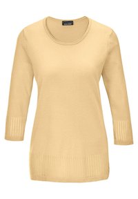 Hellgelb gestrickter Pullover mit Dreiviertelärmeln, gerippten Akzenten an den Bündchen und dem Saum, Rundhals-Ausschnitt und glatter Textur.