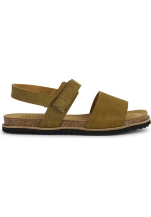 Sandali verdi in suede con una larga fascia sulla punta e una cinghia regolabile alla caviglia. Presentano un plantare in sughero e una suola esterna in gomma nera testurizzata.