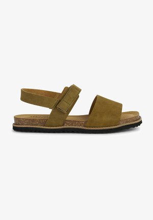 Groene suède sandalen met een brede teband en een verstelbare enkelband. Voorzien van een kurken tussenzool en een gestructureerde zwarte rubberen zool.