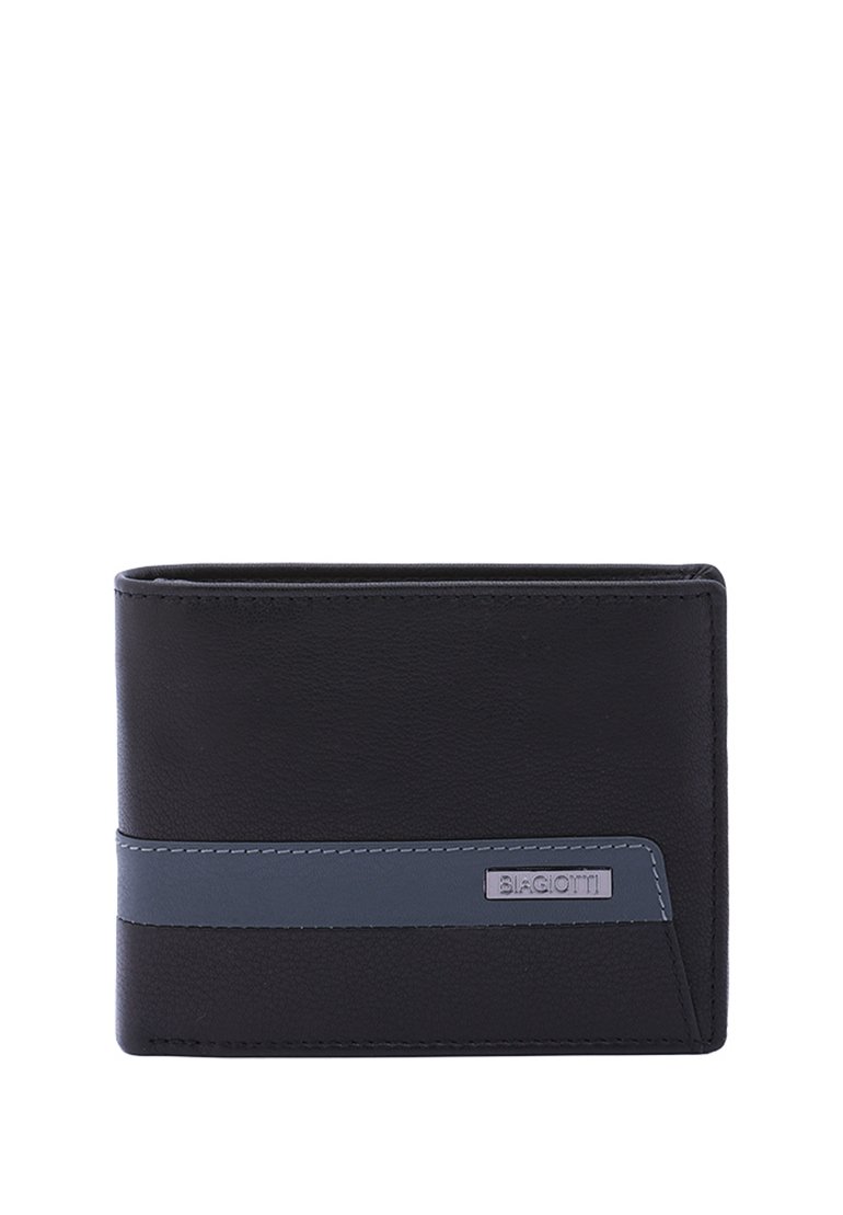 Biagiotti zwarte leren portemonnee met grijze horizontale accentstreep, bifold ontwerp, strakke lijnen en zichtbare stikdetails.