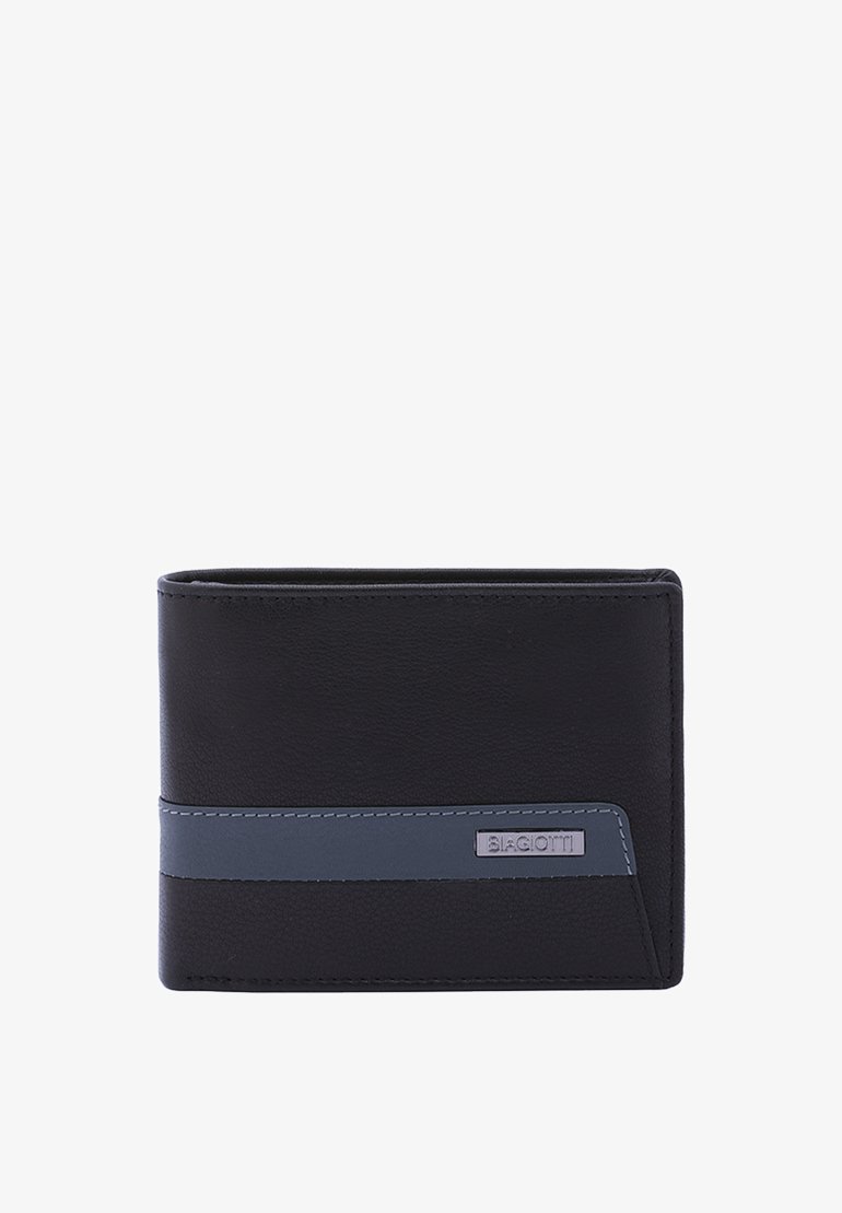 Portafoglio in pelle nera Biagiotti con striscia orizzontale grigia, design pieghevole, linee pulite e dettagli di cucitura visibili.