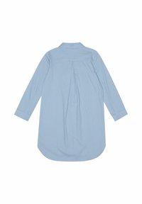 Lyseblå stribet skjorte, lange ærmer, krave, rygbælte detalje, afrundet kant, blød stoftekstur, enkelt design.