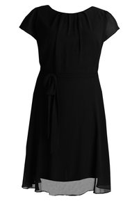 Svart klänning med korta ärmar, en figurnära bodice och knytbart midjeband. Gjord av lätt tyg med en svävande kjol och genomskinlig fåll.