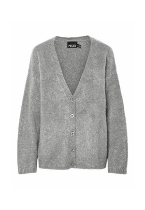 Cardigan grigio a maglia con scollo a V, maniche lunghe e sei bottoni frontali. Tessuto morbido e vestibilità rilassata.