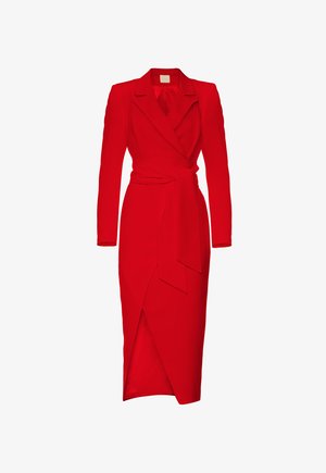 Czerwona sukienka kopertowa z długimi rękawami, dopasowany krój i pasek w talii. Posiada głęboki dekolt w serek i rozcięcie na przednim dole. Gładka tekstura.