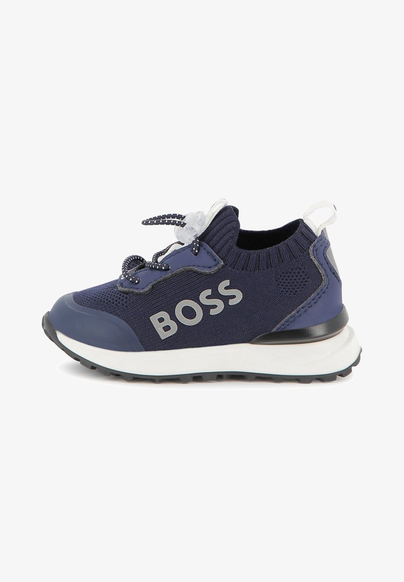Blue knitted athletic shoe with rubber sole, featuring silver "BOSS" logo, elastic laces, and a pull tab at the heel for easy wear.