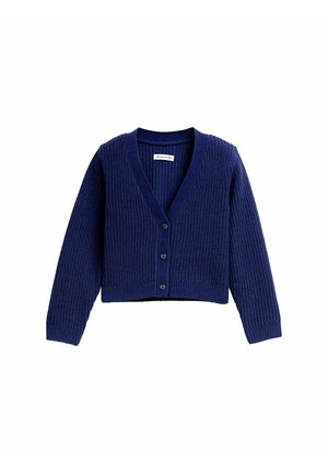 Marineblauer Cardigan aus strukturiertem Strickstoff, mit tiefem V-Ausschnitt, langen Ärmeln und fünftigem Knopfverschluss auf der Vorderseite.