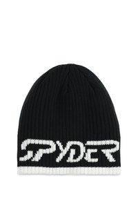 Beanie nera a maglia con logo bianco "SPYDER". Presenta una trama a coste e un colore uniforme con una fascia a contrasto nella parte inferiore. Vestibilità standard.