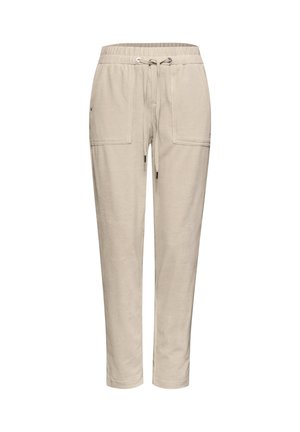 Pantalones de algodón beige con cinturilla elástica, cordón ajustable y dos grandes bolsillos frontales tipo parche, corte relajado.