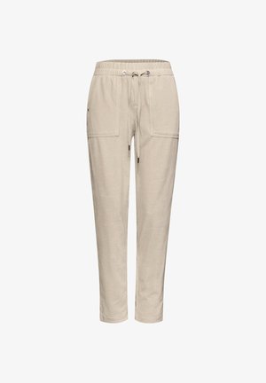 Béžové bavlněné kalhoty s elastickým pasem, nastavitelnou šňůrkou a dvěma velkými předními kapsami, volný střih.