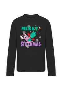 Fekete, hosszú ujjú póló, amelyen egy mesehős grafika látható, a "MERRY STITCHMAS" felirattal, hópelyhekkel és konfettivel díszítve.