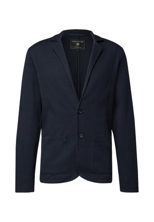 Marineblazer aus strukturiertem Stoff, mit einem einzelnen Revers, zwei vorderen Taschen und zwei Knöpfen zum Schließen.