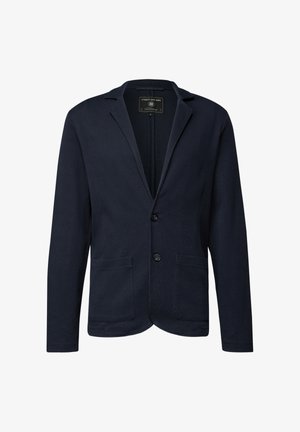 Marineblazer aus strukturiertem Stoff, mit einem einzelnen Revers, zwei vorderen Taschen und zwei Knöpfen zum Schließen.