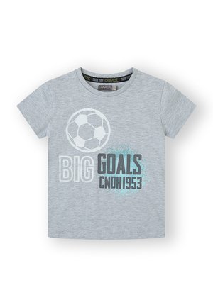 Camiseta de algodón gris con cuello redondo, mangas cortas y un diseño gráfico de un balón de fútbol con el texto "GRANDES OBJETIVOS CNDH1953" en colores contrastantes.