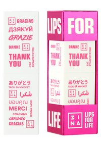 Lip balm packaging in white and pink, featuring multilingual "thank you" phrases. Square shape with glossy pink accents and bold text.