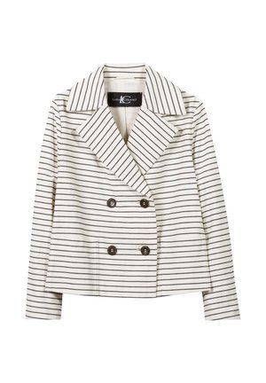 Double-breasted jacket in white with black stripes, featuring a wide lapel, two front pockets, and large black buttons.
