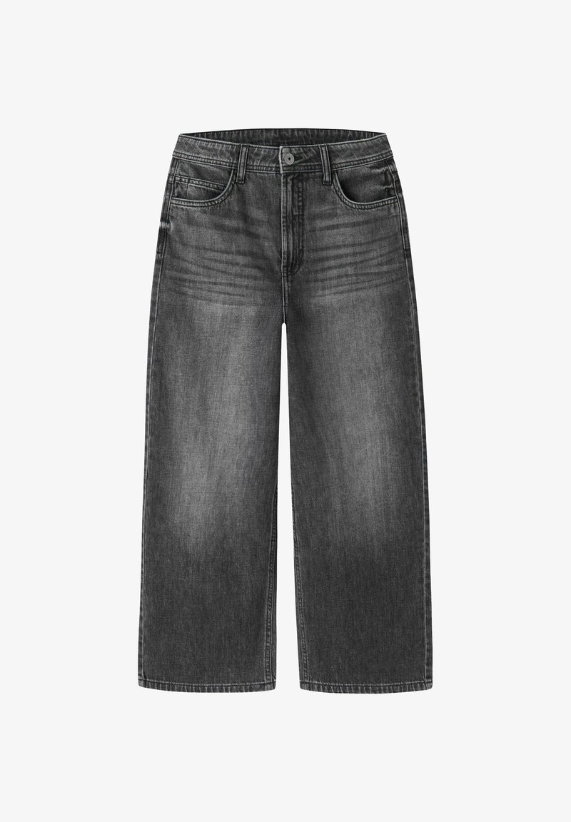 Vaqueros de mezclilla negros de pierna ancha con un lavado desteñido, que cuentan con cinco bolsillos, cierre de botón y detalles de costura a lo largo de la cintura.