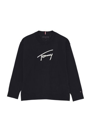 Felpa nera in cotone. Presenta una scollatura a girocollo, maniche lunghe e il logo "Tommy" bianco sul petto. Dettaglio rosso, bianco e blu vicino all'orlo.