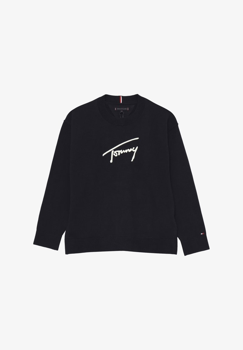 Felpa nera in cotone. Presenta una scollatura a girocollo, maniche lunghe e il logo "Tommy" bianco sul petto. Dettaglio rosso, bianco e blu vicino all'orlo.