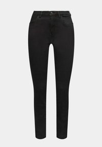 Jean skinny noir taille haute avec fermeture à bouton et zip, poches avant et arrière, présenté sur un fond uni.