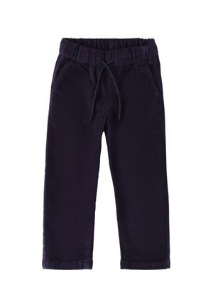 Pantalons en velours côtelé bleu marine avec une taille élastique et un cordon de serrage réglable. Conception à jambe droite avec une texture côtelée subtile.