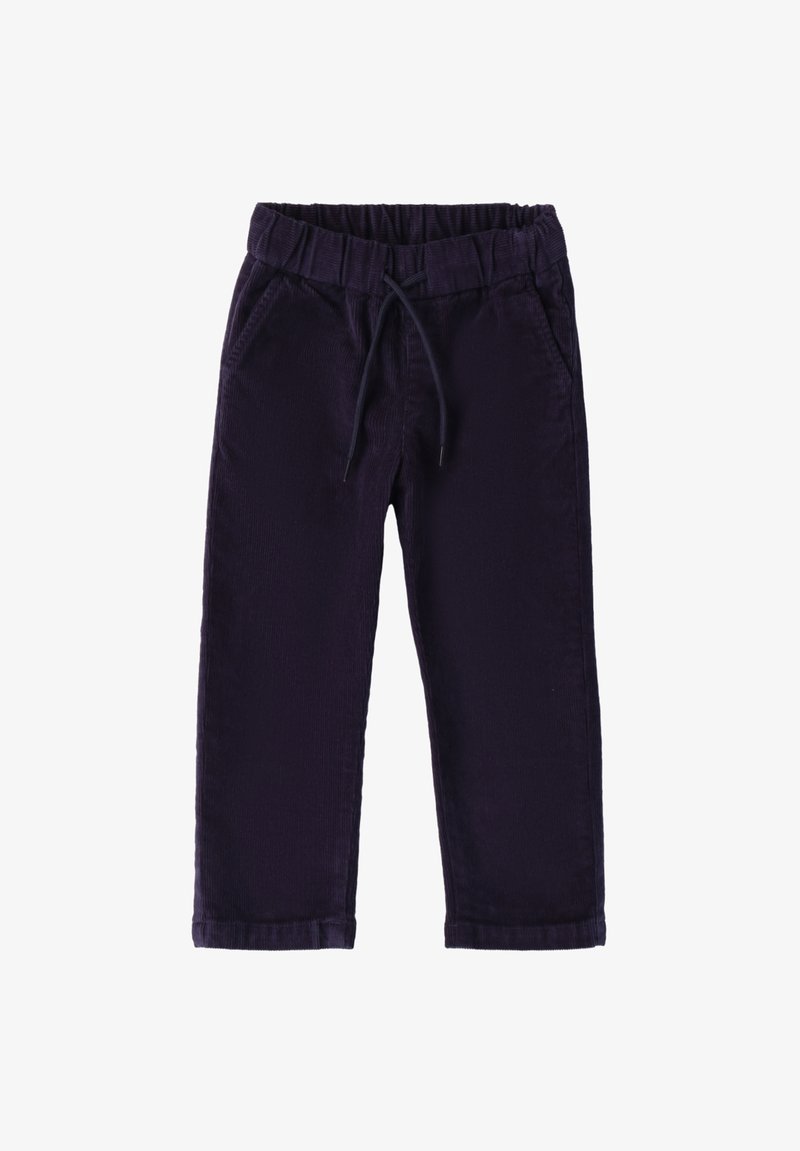 Pantalones de pana en color navy con cintura elástica y cordón ajustable. Diseño de pierna recta con sutil textura acanalada.