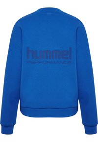 Blaues Sweatshirt mit Rundhalsausschnitt, das eine glatte Textur aufweist und ein auffälliges, tonales Logo "hummel PERFORMANCE" auf dem Rücken hat.