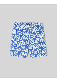 Short de bain bleu avec des motifs abstraits de feuilles blanches et un cordon blanc à la taille élastique.
