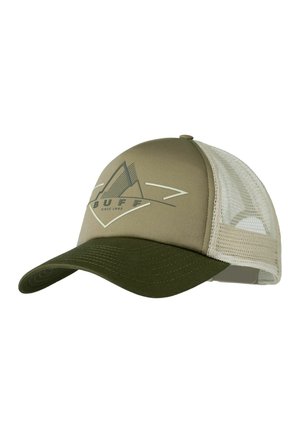 Khaki- und olivgrüne Baseballkappe mit Netzrückseite, Berglogo und dem Text „BUFF seit 1981“ auf dem Vorderteil.