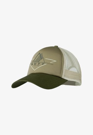 Khaki- und olivgrüne Baseballkappe mit Netzrückseite, Berglogo und dem Text „BUFF seit 1981“ auf dem Vorderteil.