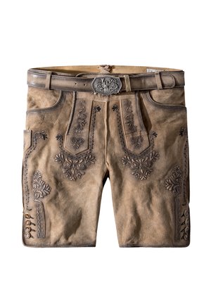 Pantalones cortos de piel en marrón claro con patrones florales oscuros bordados, hebilla decorativa plateada y bolsillos laterales con detalles de botones.