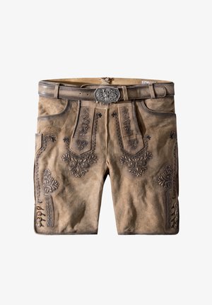 Helle braune Leder-Shorts mit gestickten dunklen Blumenmustern, dekorativem silbernem Schnallenverschluss und seitlichen Taschen mit Knopfdetails.