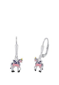 Orecchini in tono argento con charm a forma di unicorno, caratterizzati da dettagli in smalto rosa e viola, zampe nere e corna gialle. Chiusura a leva.