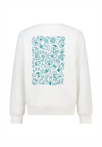 Felpa bianca con una grafica turchese sul retro, caratterizzata da mani, occhi e oggetti disposti in un motivo giocoso.