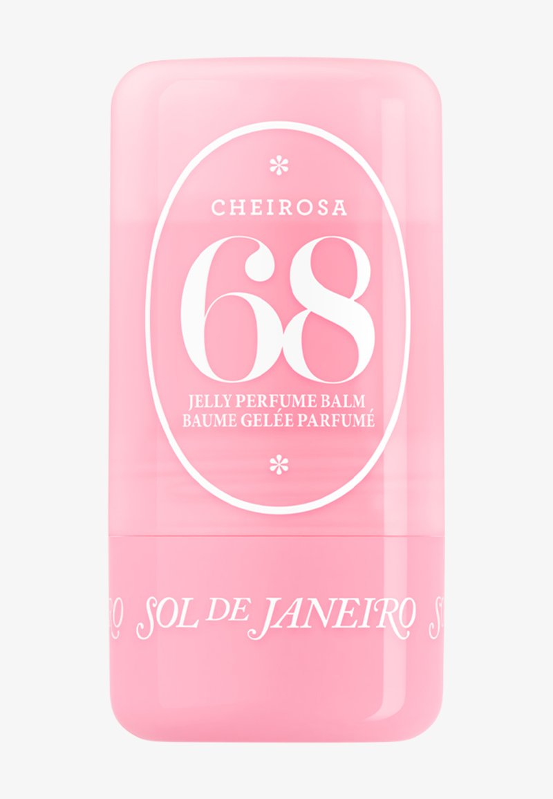 Bálsamo de perfume en gel Cheirosa 68 rosa con texto blanco y marca Sol de Janeiro en el envase.