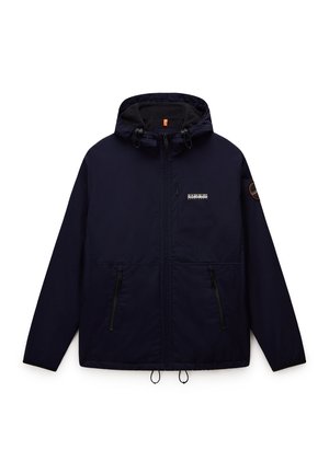 Marineblaue Outdoor-Jacke mit Kapuze, Reißverschluss vorne, zwei Reißverschlusstaschen, verstellbaren Kordeln und einem Logo auf der Brust.
