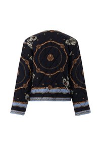 Gestepptes Jackett in Marineblau mit einem auffälligen Muster, das Tiger und Ketten zeigt. Lange Ärmel, taillierte Form und blaue Akzente am Saum.