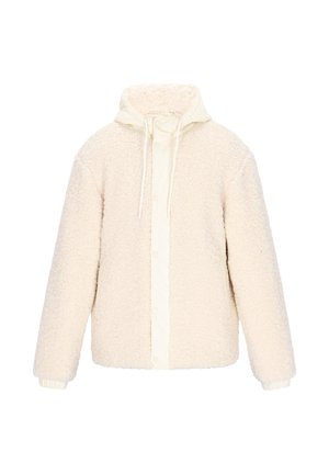 Kreemjatene fliisjakk, millel on kapuuts, tikandiga esiplaat, elastsed mansetid ja pehme, tekstureeritud viimistlus.