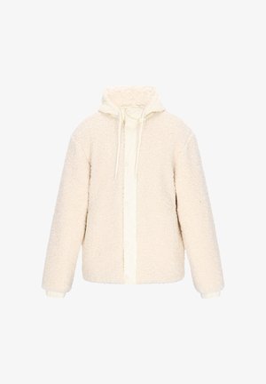 Krém színű bolyhos dzseki kapucnival, steppelt elülső panellel, elasztikus mandzsettákkal és puha, texturált felületével.