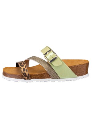 Brown cork sole sandal with green and grey straps, featuring a leopard print accent, a buckle detail, and a white rubber outsole.