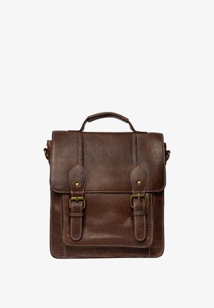 Brown leather satchel with a textured finish, dual buckle closures, and a top handle; features stitching accents on the edges.