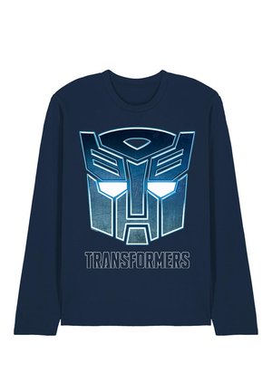 Navy blue long-sleeve shirt with large metallic blue Autobot logo and "Transformers" text centered on the front.