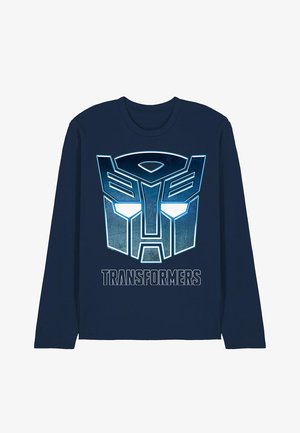 Marineblaues Langarmshirt mit großem metallischem blauem Autobot-Logo und dem Schriftzug "Transformers" mittig auf der Vorderseite.