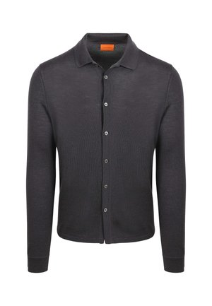 Dunkelgraue Strickjacke, lange Ärmel, Knopfleiste, aus weichem Stoff, mit klassischem Kragen und subtiler Textur.