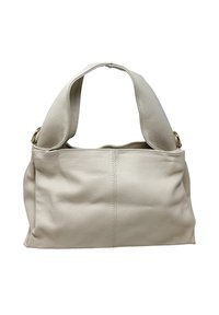 Beżowa torebka ze skóry o fakturze, z szerokim paskiem na ramię i subtelnymi elementami w złotym odcieniu na końcach paska, prostokątny miękko ukształtowany kształt.