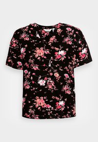 Blusa nera a maniche corte con stampa floreale in rosa e bianco. Caratterizzata da scollo a V e tessuto morbido e strutturato.