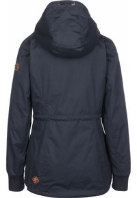 Marinblå jacka med huva, åtdraget midja, ribbade ärmslut och märkesplåt på ärmen. Slät, lätt material med en matt yta.